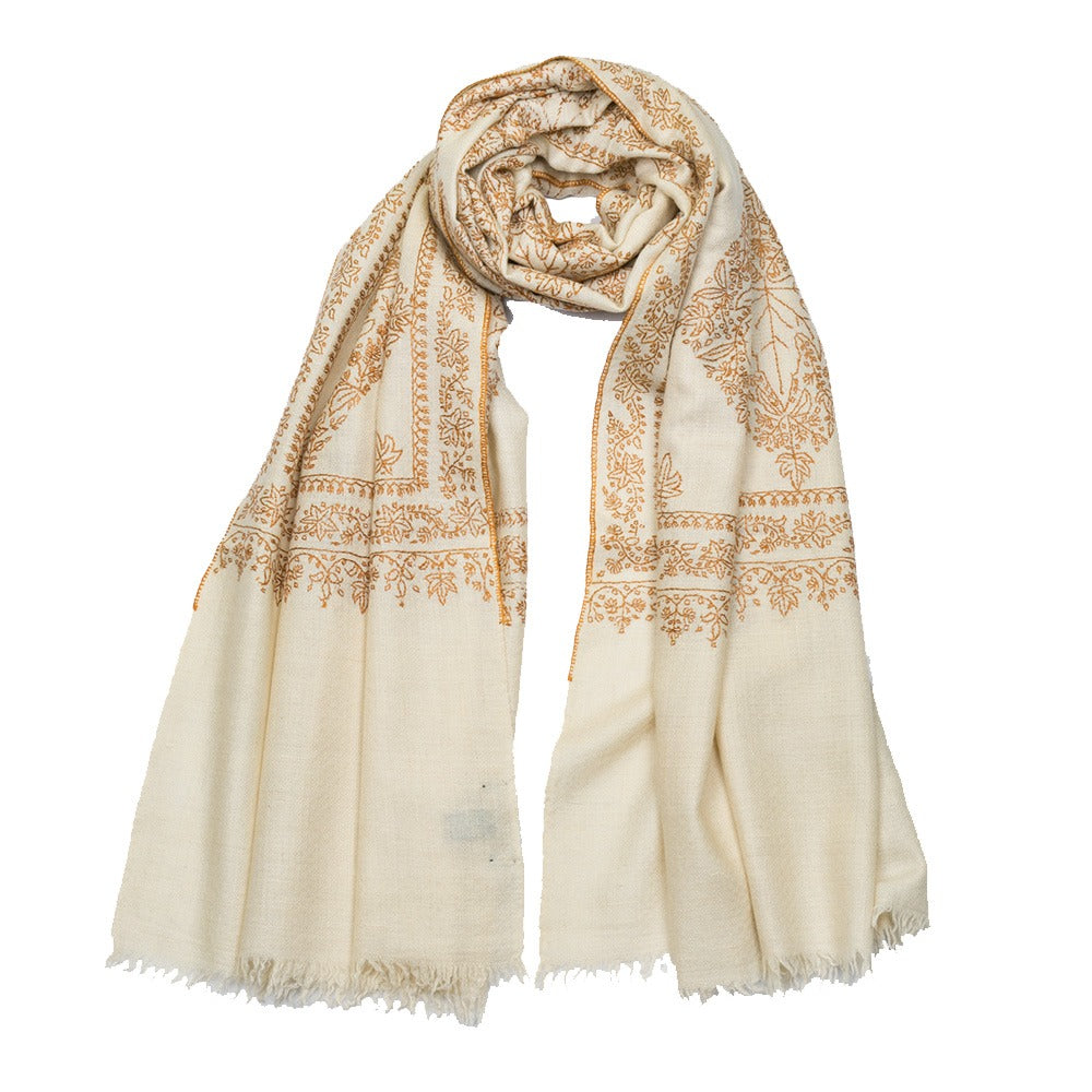 Embroidered Pashmina Stole - White &amp; Orange Border