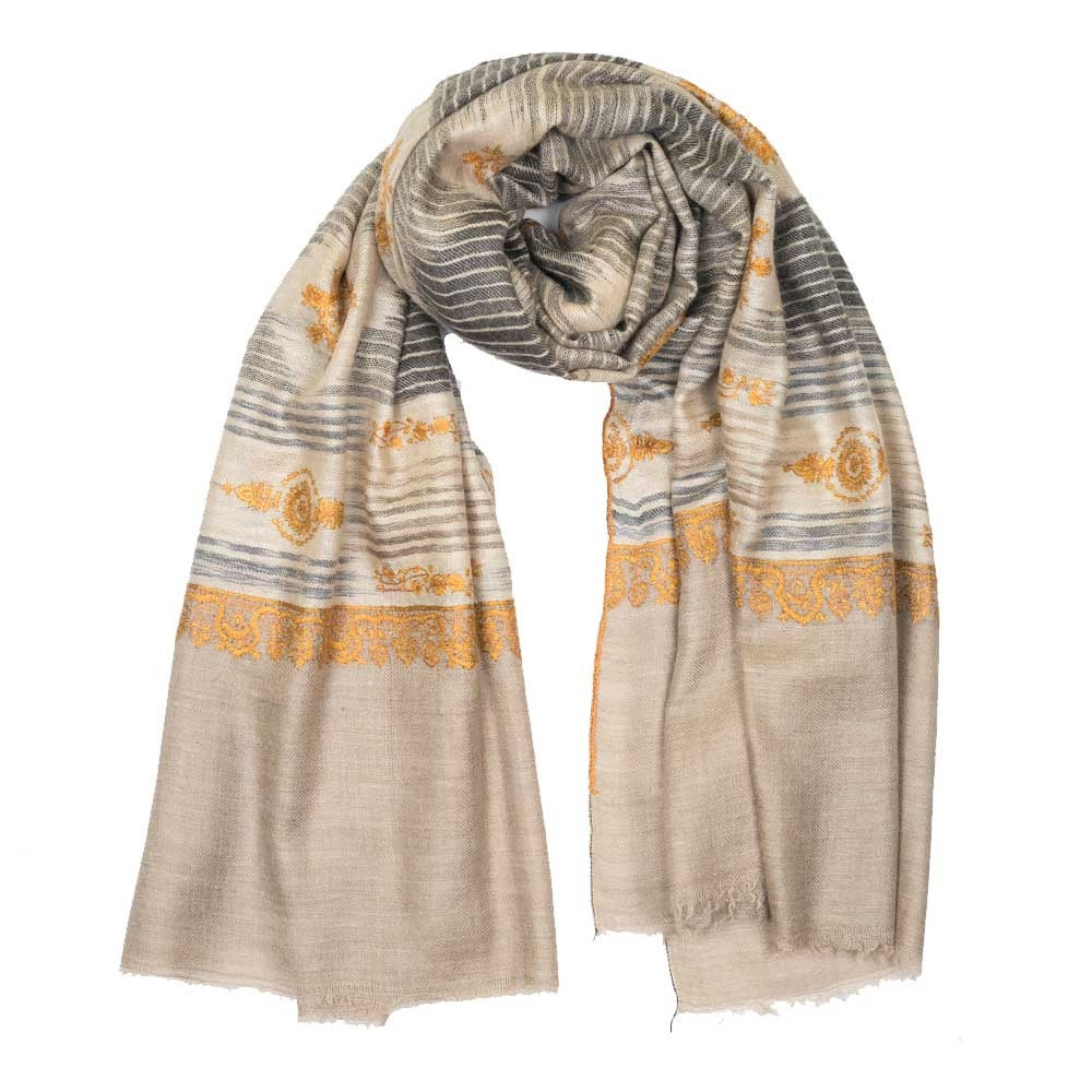 Embroidered Pashmina Shawl Ikat - Natural &amp; Mustard