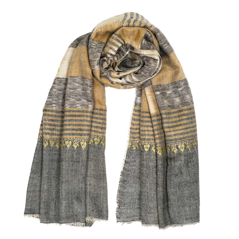 Embroidered Pashmina Shawls Ikat - Black &amp; Black Stripes