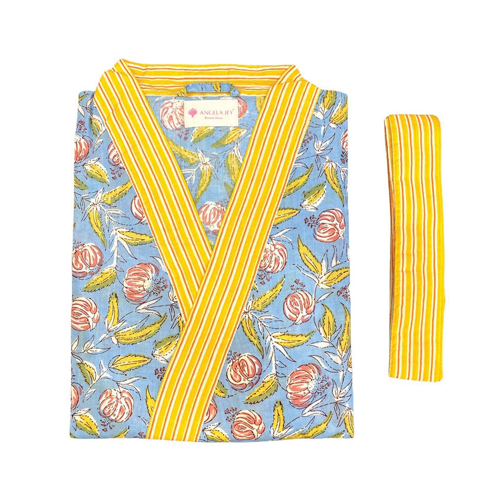 Printed Bath Robe Long - Sky Blue &amp; Yellow