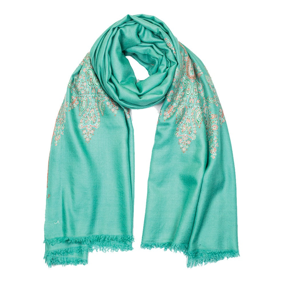 Embroidered Pashmina Shawl - Teal &amp; Orange