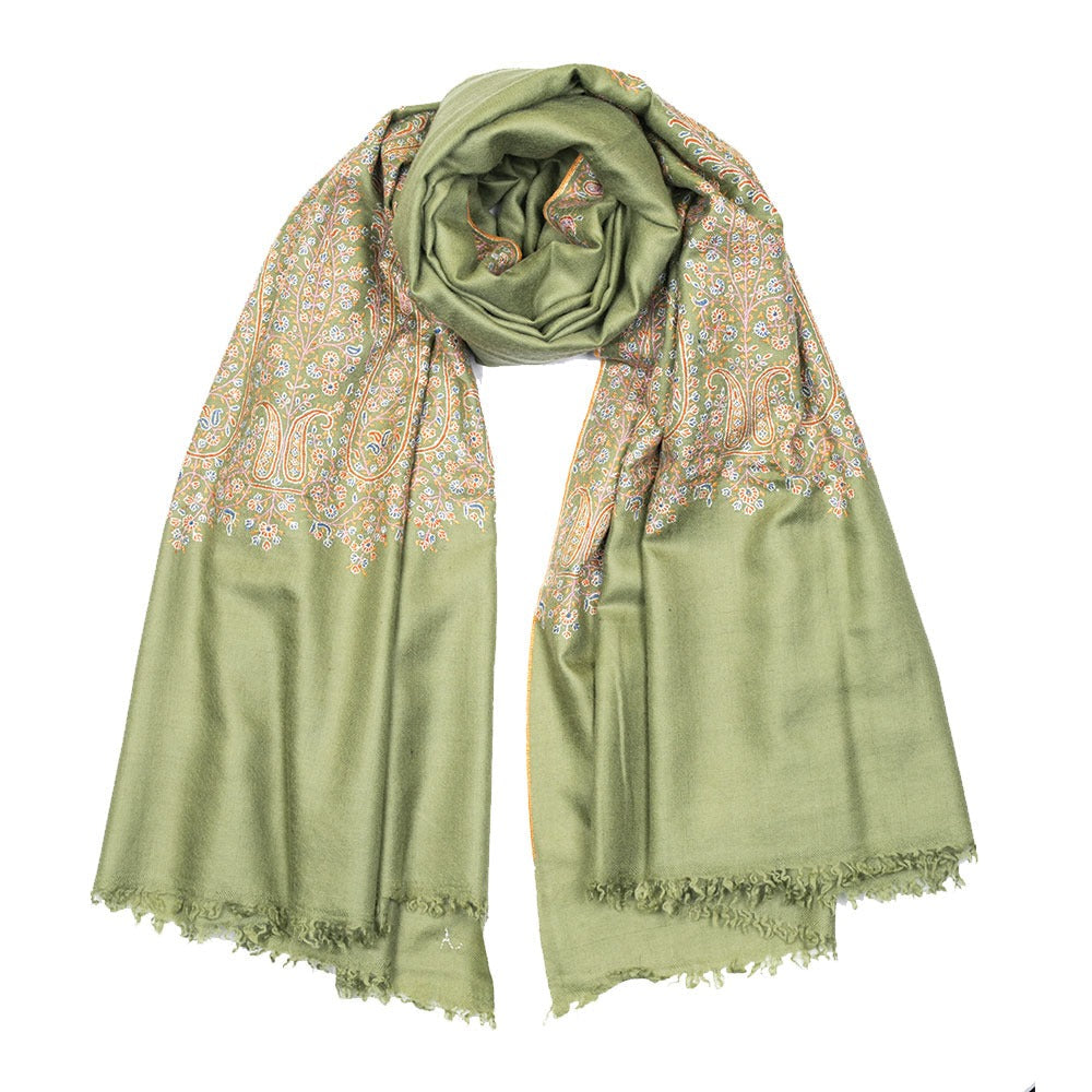 Embroidered Pashmina Shawl - Military Green &amp; Orange