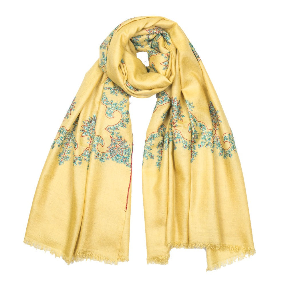 Embroidered Pashmina Shawl - Yolk Yellow &amp; Blue