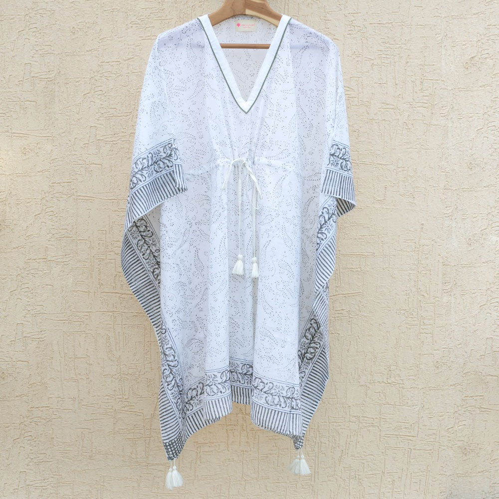 Hand Block Printed Kaftans - White &amp; Grey