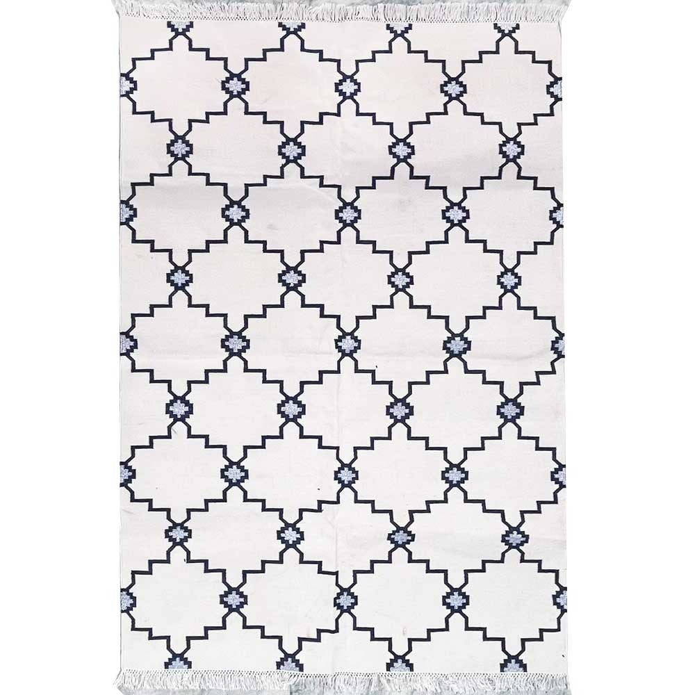 Cotton Floor Rugs - White with Dark Blue Border &amp; Zari (Made to Order)